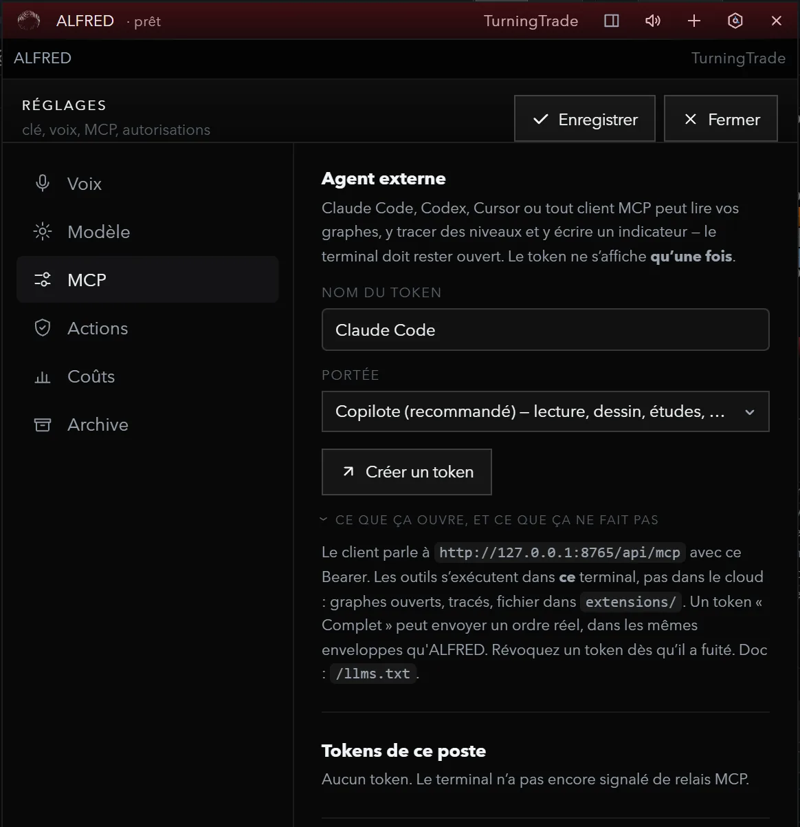 ALFRED settings, MCP tab: creating a token named Claude Code with the Copilot scope