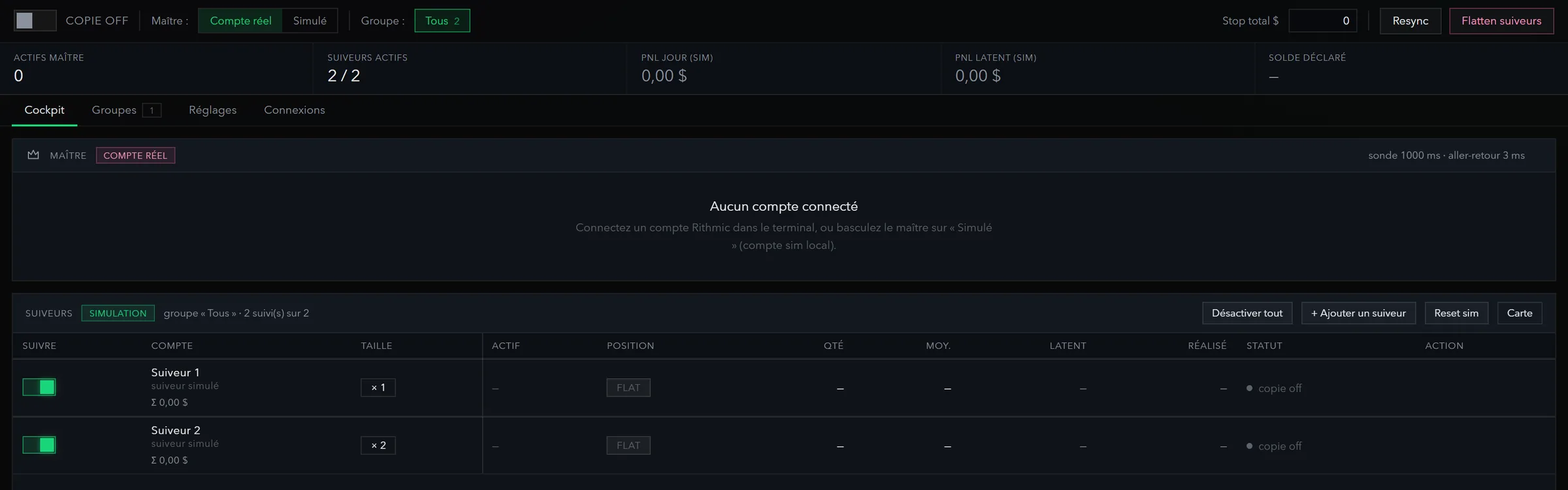 TurningTrade trade copier: master account, two simulated followers and their multiplier